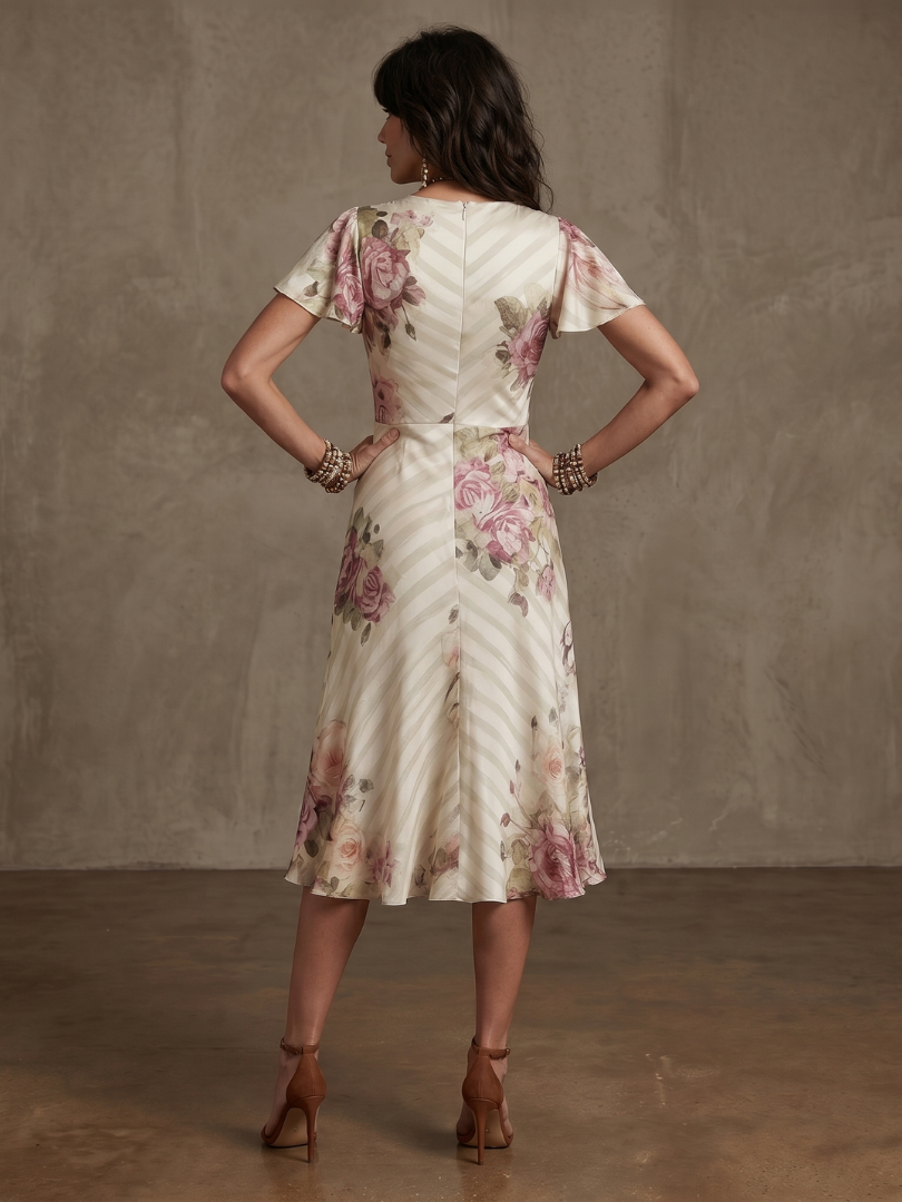 Flattering women's floral wrap ruched midi dress. Elegant day dress with short sleeves and v-neck for spring/summer comfort.