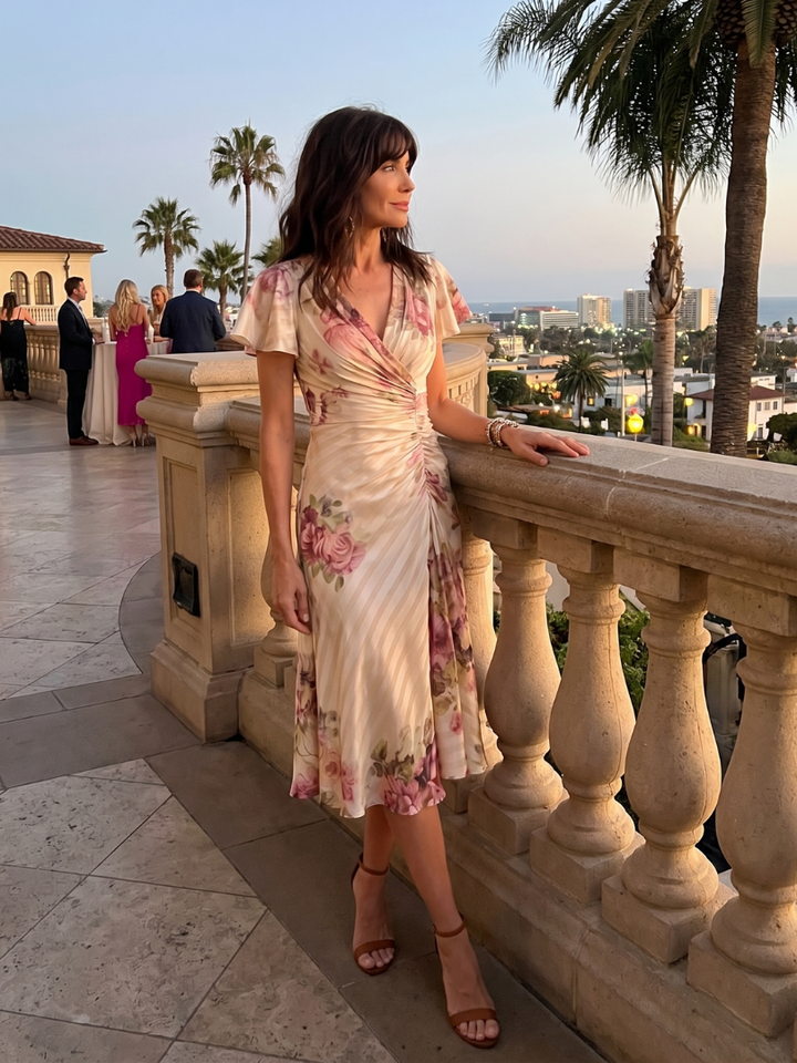 Vibrant floral print wrap midi dress with ruched detailing, v-neck, and short sleeves. Elegant women's fashion statement.
