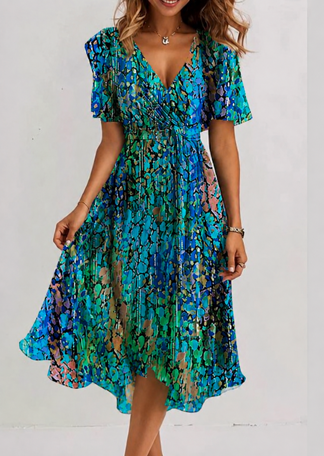 Chic women's floral print wrap midi dress, featuring a flattering V-neckline & flowy silhouette.