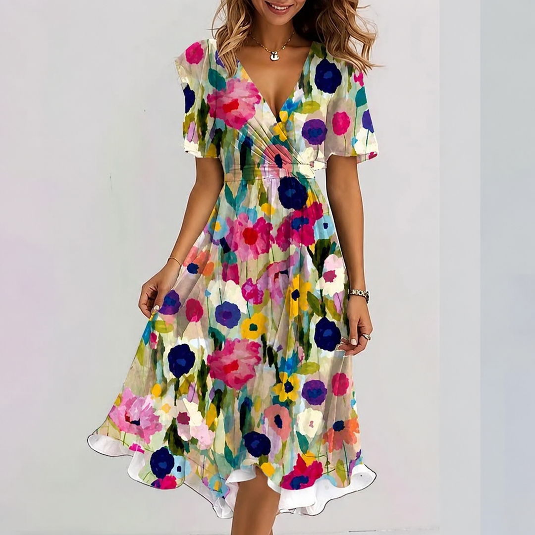 Versatile floral midi wrap dress for women, ideal for elegant summer style or spring casual wear.