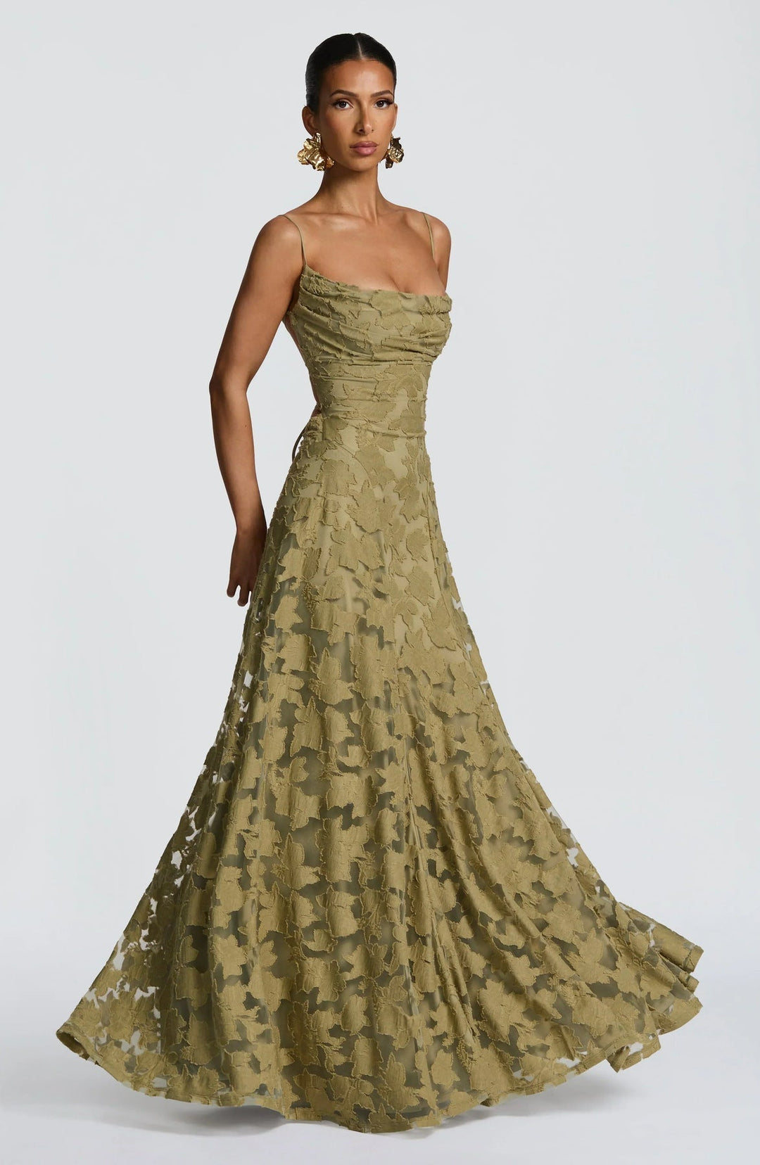 Women's elegant maxi dress, A-line silhouette, flowing fabric. Ideal for evening & occasion wear.