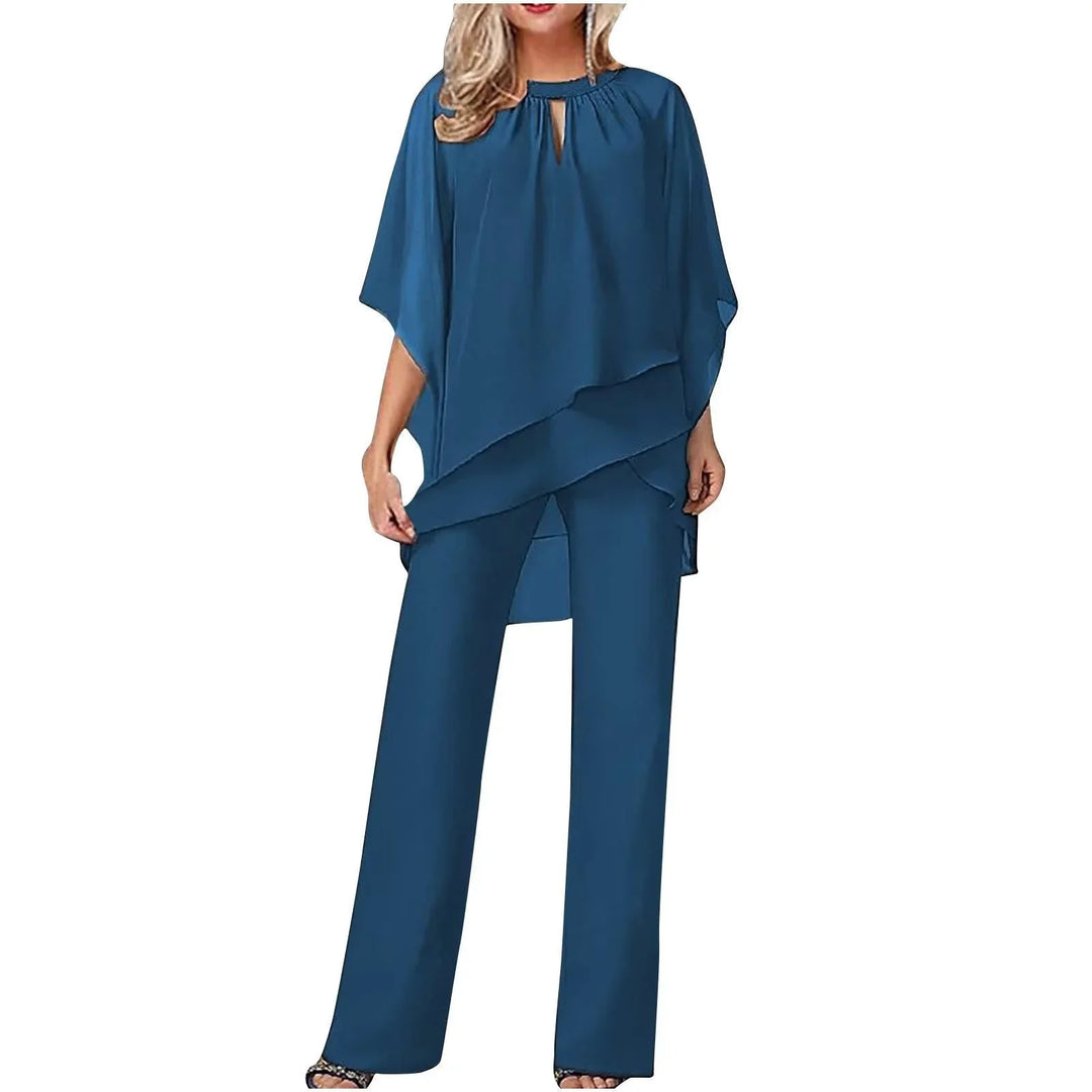 Burgundy women's elegant two-piece set: loose batwing top & wide leg pants. Ideal for formal or occasion wear.