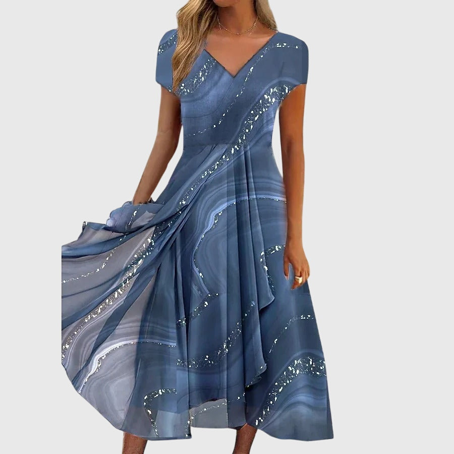 Elegant women's flowing midi dress with a flattering V-neck, perfect for summer fashion and spring style.