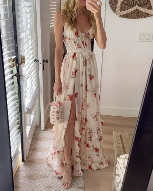 Elegant women's flowy floral midi dress with V-neck, perfect for spring garden parties or casual chic summer events.