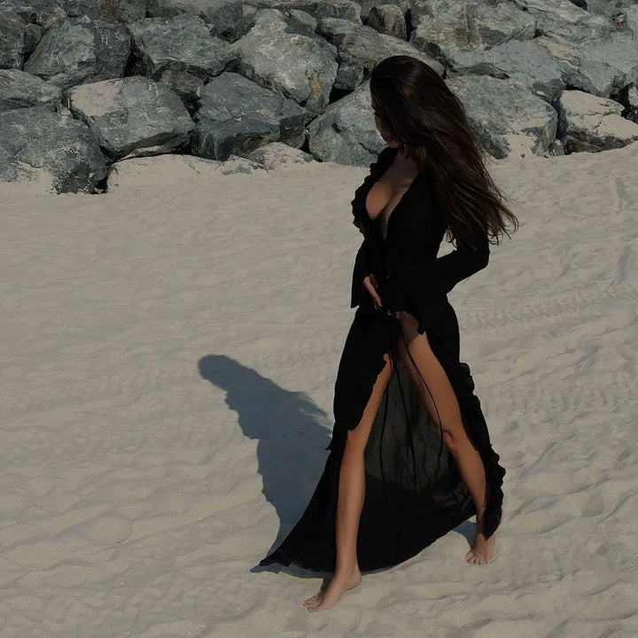 Stylish women's long sleeve flowy maxi dress, ideal for resort wear, beach, or comfortable everyday summer fashion.