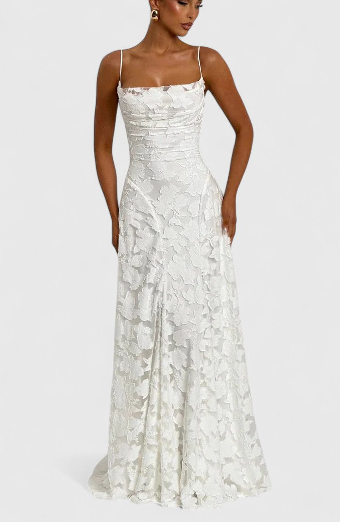 Women's elegant long dress, a flowy maxi design with an open back and cowl neck for sophisticated fashion.