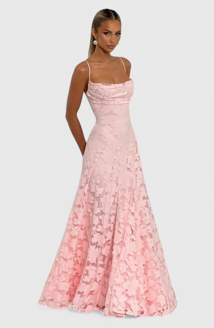 Comfortable yet elegant women's flowy maxi dress, featuring a stylish open back and cowl neck for parties.
