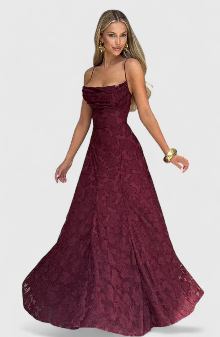 Perfect spring summer women's fashion: an elegant flowy maxi dress with a stunning open back and cowl neck.