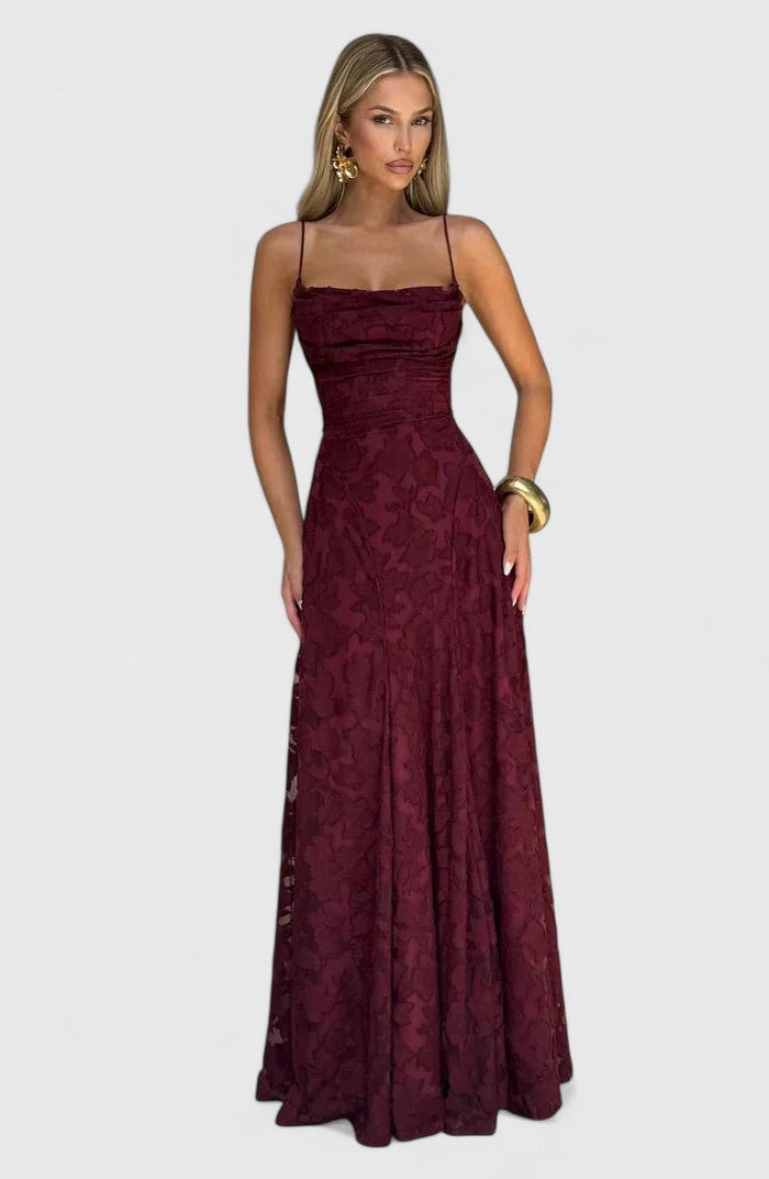 Chic cowl neck maxi dress, a long flowy design with an open back, perfect for women's party wear.