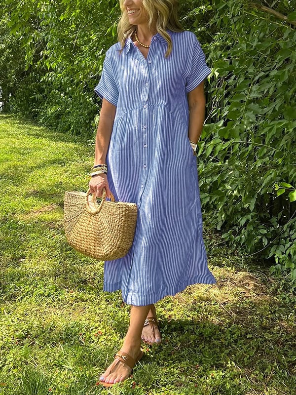 Elegant women's flowy maxi dress with button details, perfect for summer casual or vacation wear.