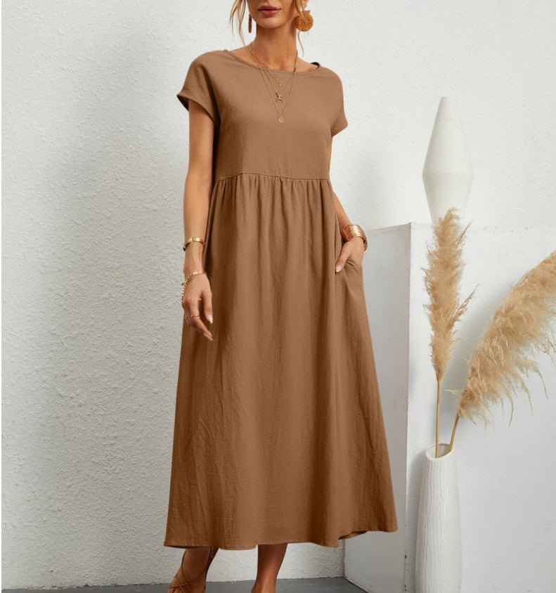 Comfortable women's flowy maxi dress, a breezy sundress perfect for summer, beach, or everyday casual style.