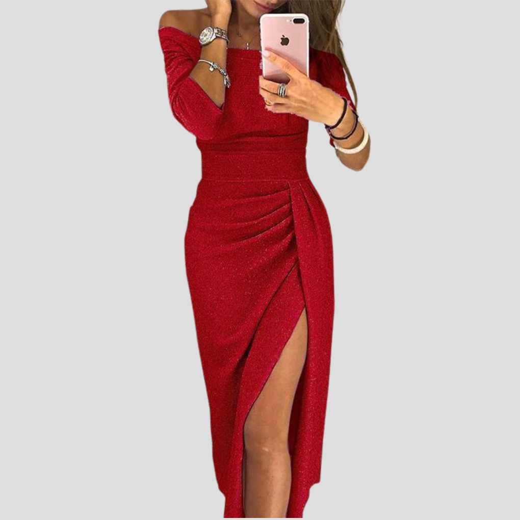 Chic women's knee-length flowing midi dress for elegant parties or summer events. Versatile ladies fashion style.