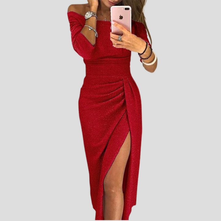 Chic women's knee-length flowing midi dress for elegant parties or summer events. Versatile ladies fashion style.