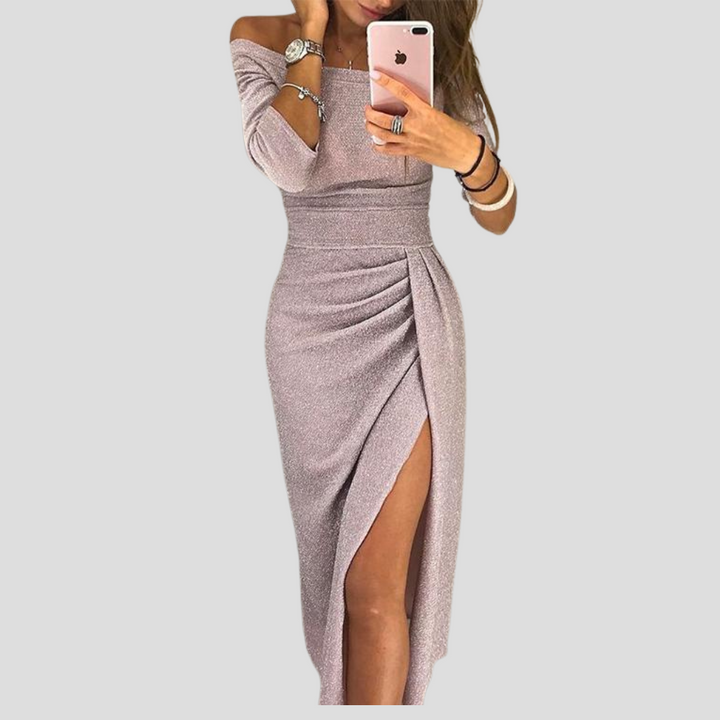 Stylish women's elegant flowy midi dress. Versatile for casual, party, or special occasion wear. Chic summer fashion.