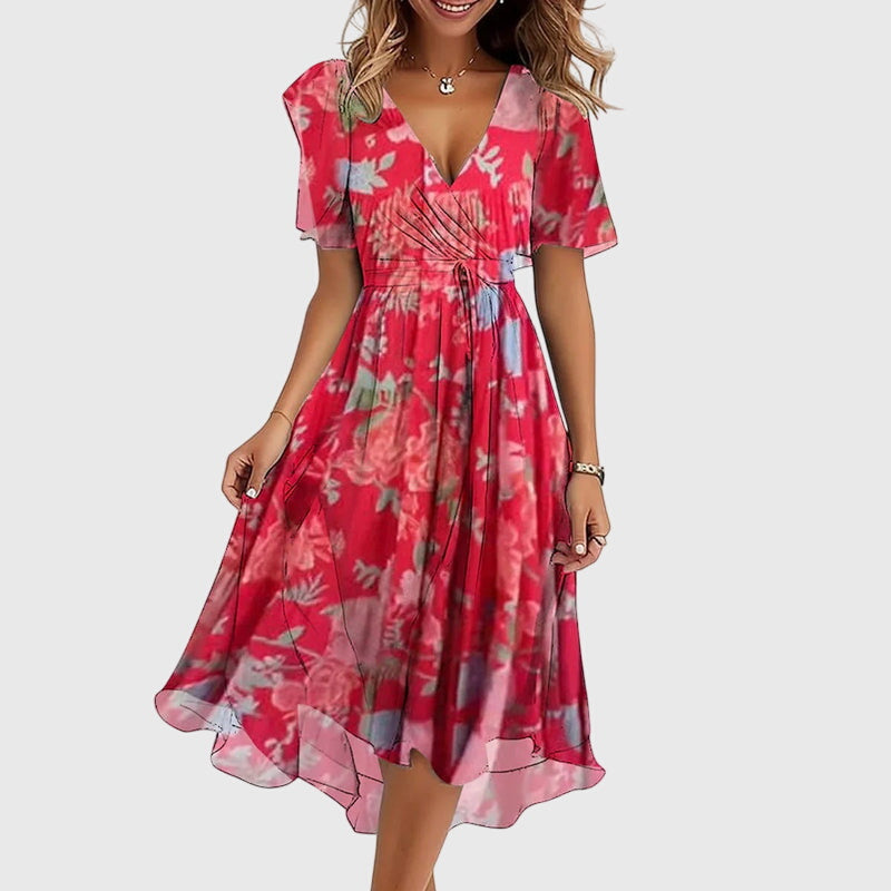 Versatile women's elegant midi dress with a flattering flowy design, V-neck, & flutter sleeves for summer comfort.