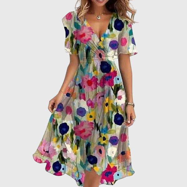 Women's comfortable flowy midi dress, elegant with V-neck & flutter sleeves. Ideal chic summer, party or casual wear.