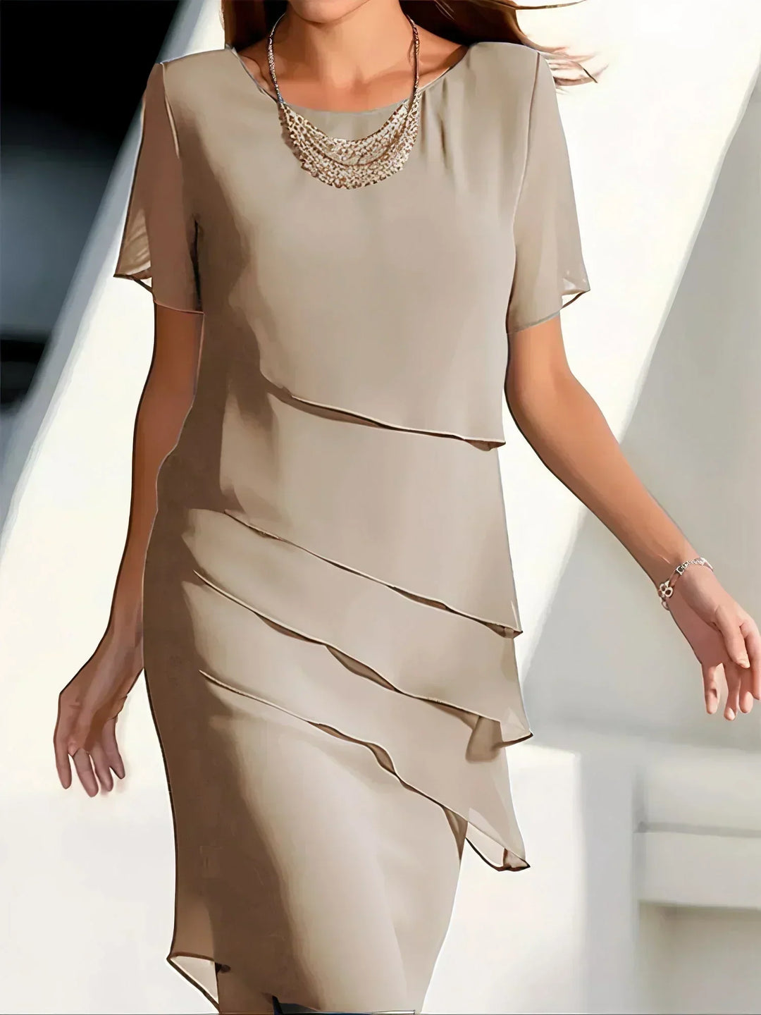 Flattering flowy short sleeve dress for women, offering elegant comfort and a chic summer style.