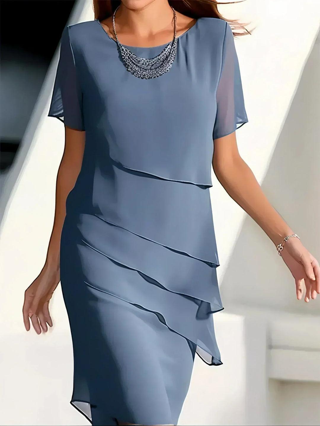 Beautiful women's elegant short sleeve dress with a flattering flowy silhouette, suitable for any occasion.