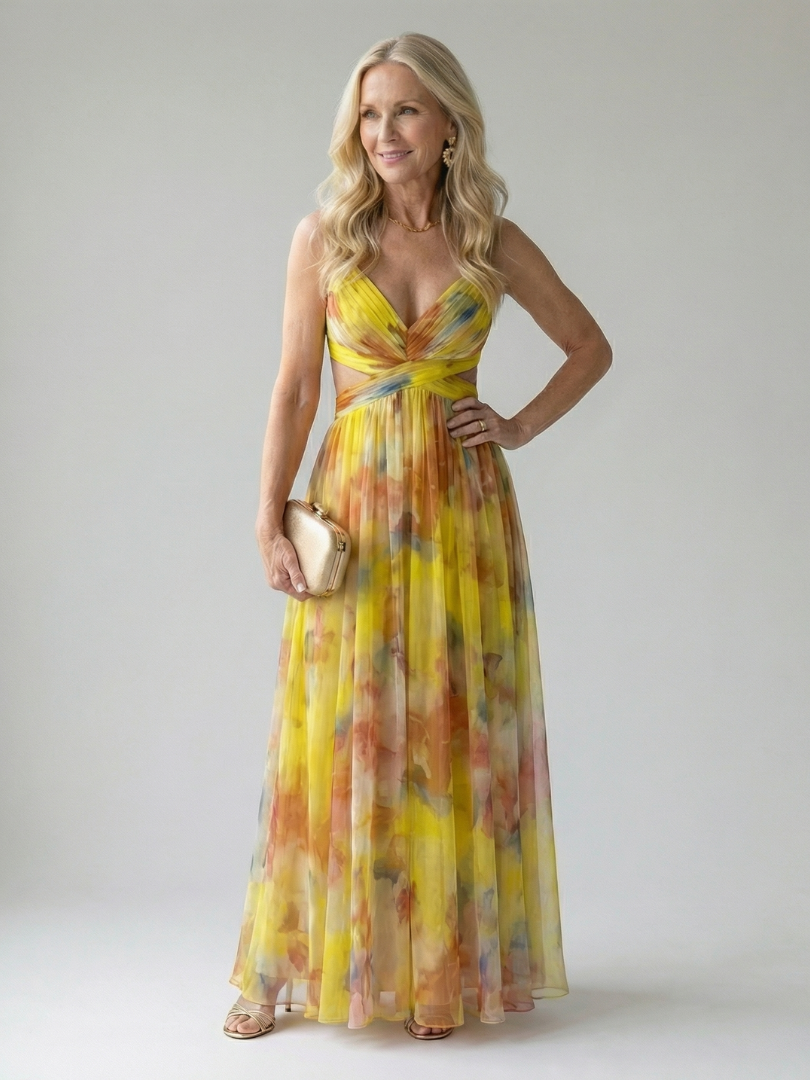Elegant women's flowy wrap maxi dress, perfect for summer holidays & sophisticated casual wear.