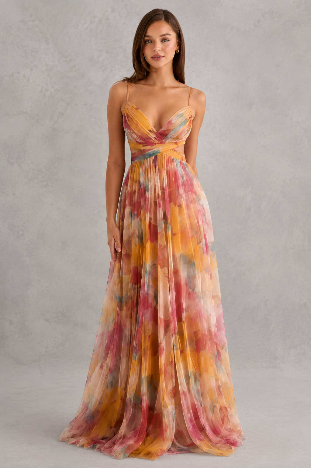 Graceful women's flowy wrap maxi dress, perfect silhouette for elegant summer fashion & comfort.