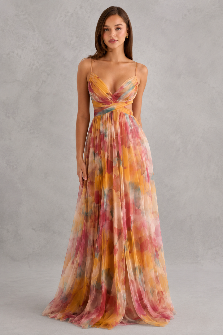 Graceful women's flowy wrap maxi dress, perfect silhouette for elegant summer fashion & comfort.
