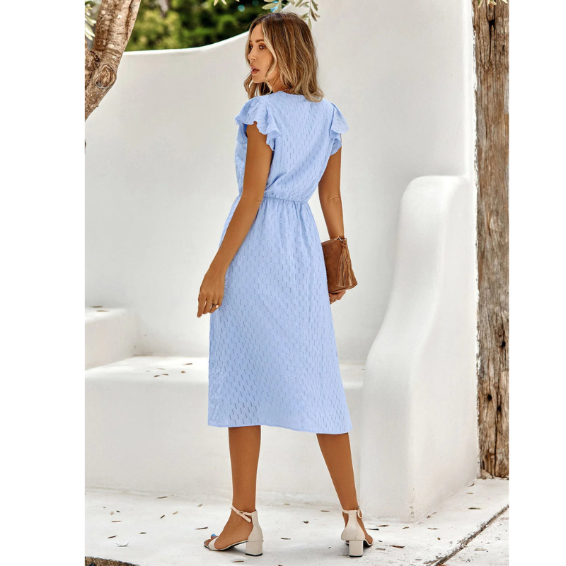 Relaxed fit A-line midi dress for women featuring delicate flutter sleeves, ideal for comfortable daily wear.