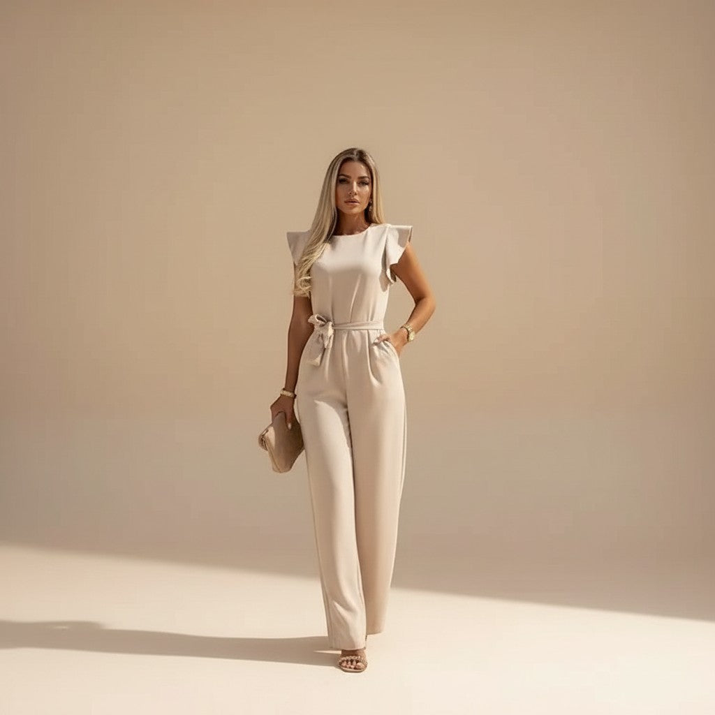 Elegant women's flutter sleeve wide leg jumpsuit with a chic waist tie, perfect for formal occasions.