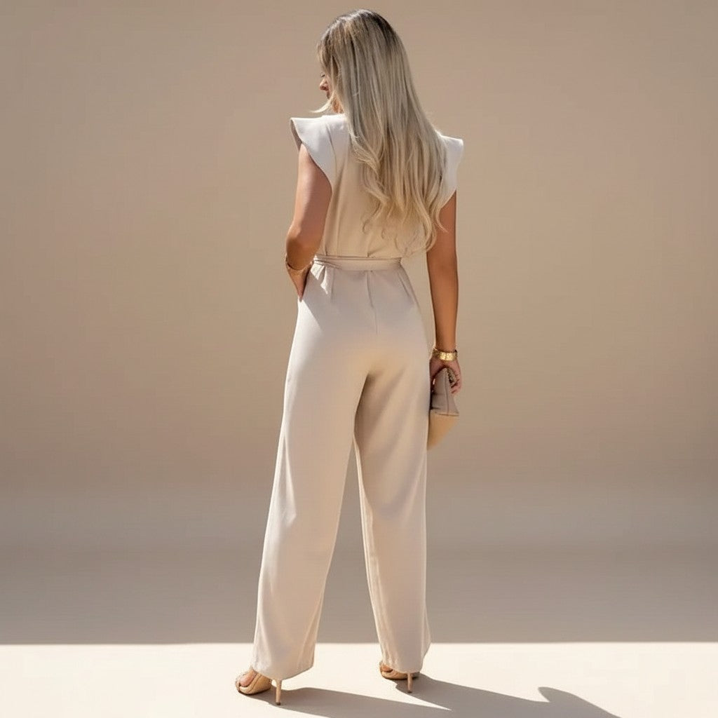 Chic women's one-piece jumpsuit featuring airy flutter sleeves and a flattering wide-leg silhouette.