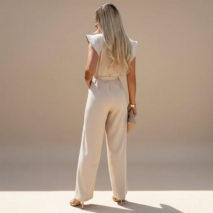 Chic women's one-piece jumpsuit featuring airy flutter sleeves and a flattering wide-leg silhouette.
