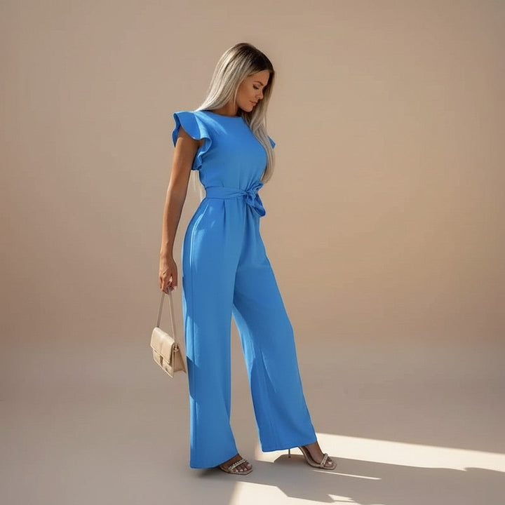 Sophisticated women's wide leg jumpsuit with a stylish waist tie, designed for elegant occasion wear.
