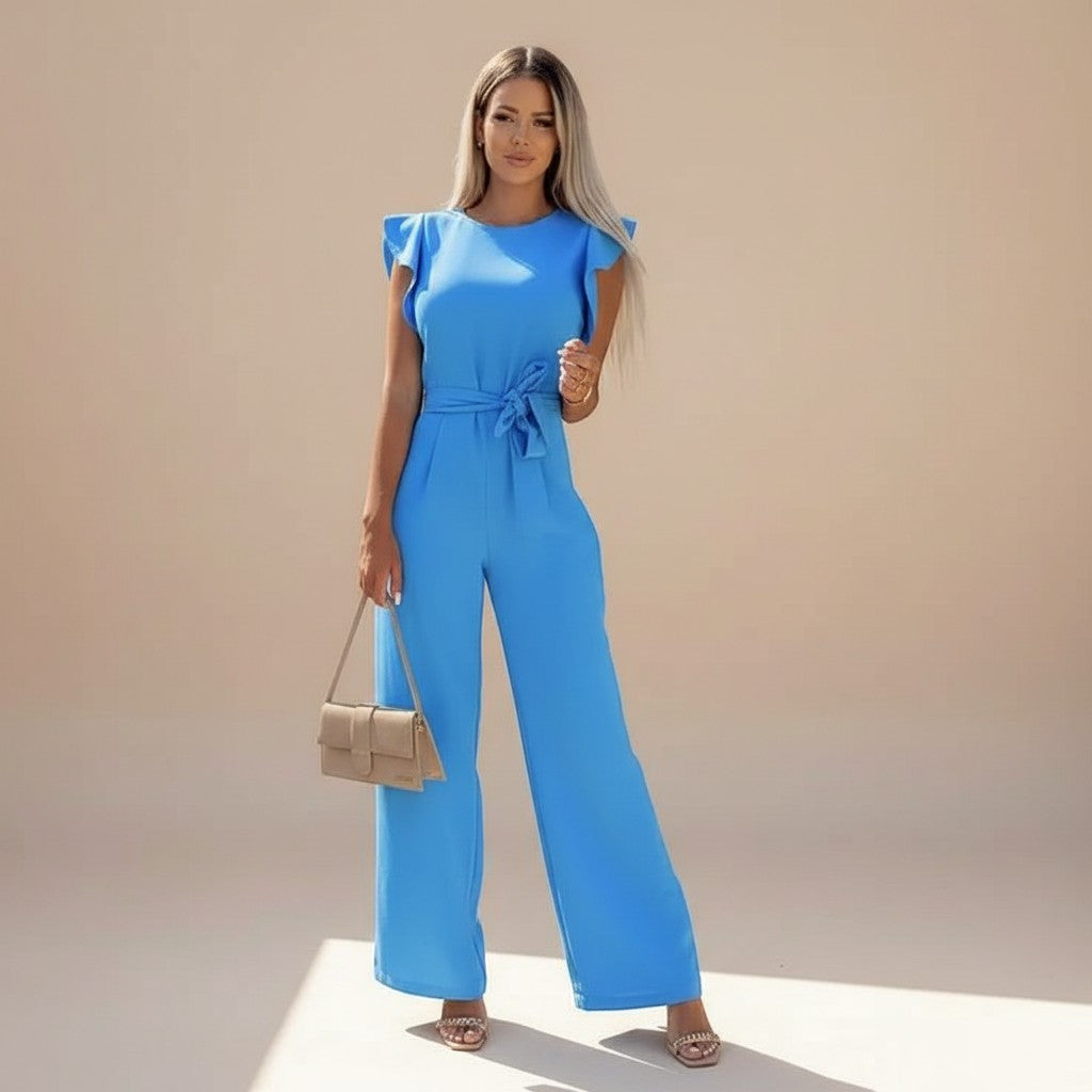 Fashionable women's wide-leg jumpsuit with elegant flutter sleeves and an adjustable waist tie.