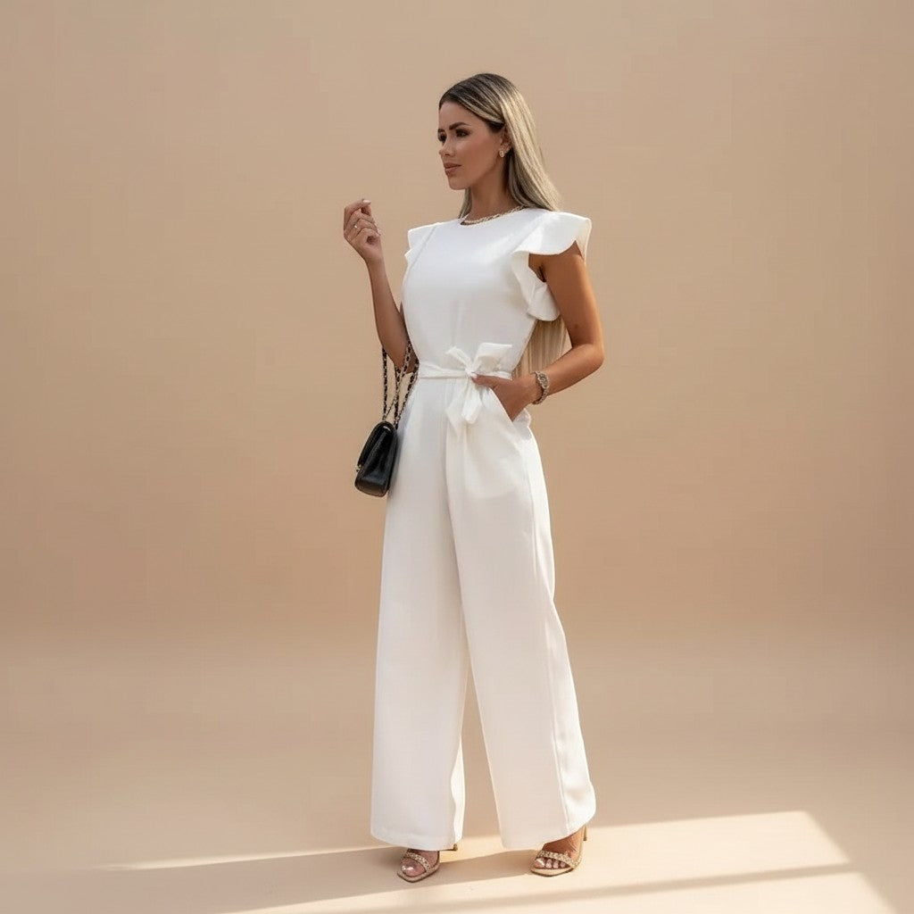 Versatile women's occasion wear jumpsuit with chic flutter sleeves, wide legs, and a defined waist tie.
