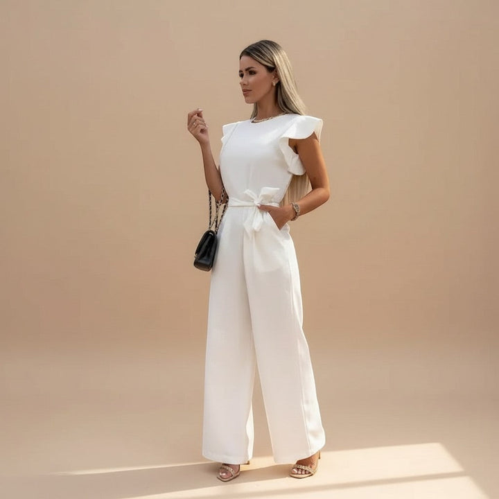 Versatile women's occasion wear jumpsuit with chic flutter sleeves, wide legs, and a defined waist tie.