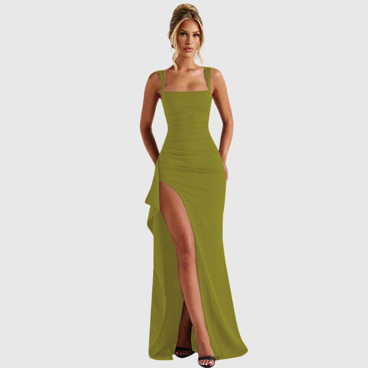Formal women's slip dress, maxi length, open back, ideal for special occasion wear.