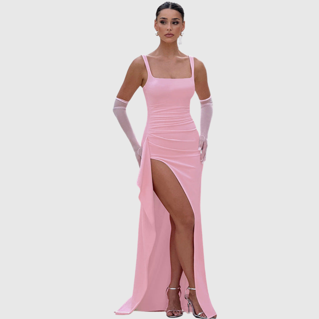 Chic women's slip maxi dress, open back, elegant design for formal events & special occasions.