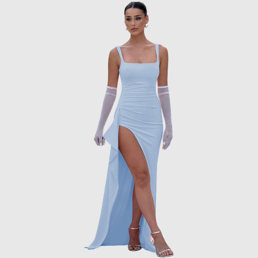Sophisticated women's formal backless dress, a long slip style ideal for evening parties.