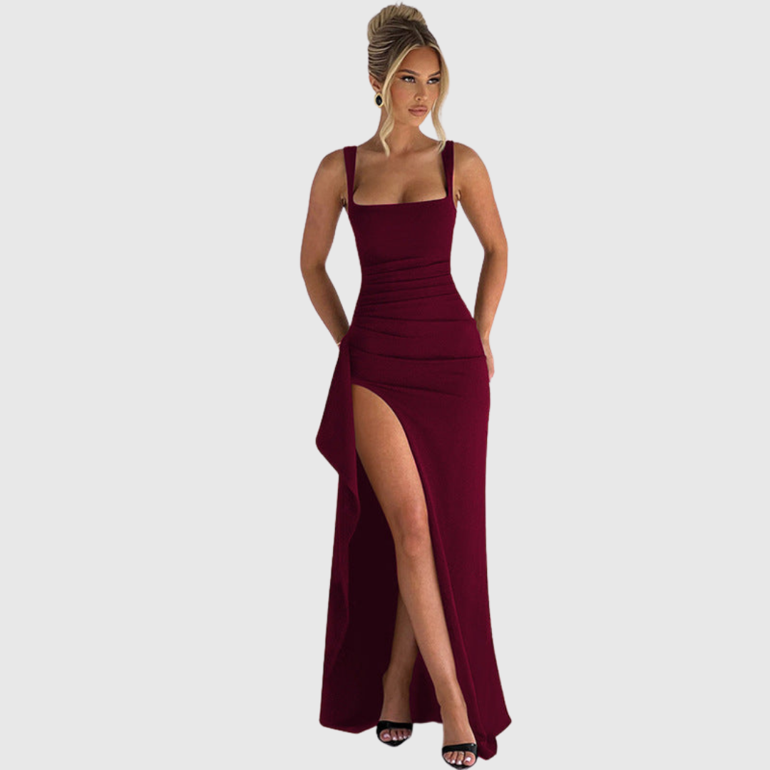Formal slip dress for women, elegant backless design, ideal for parties.