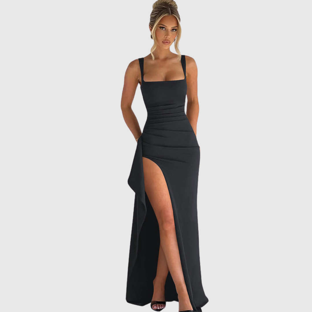 Women's elegant maxi dress, open back, flowy long design, perfect for special occasions.