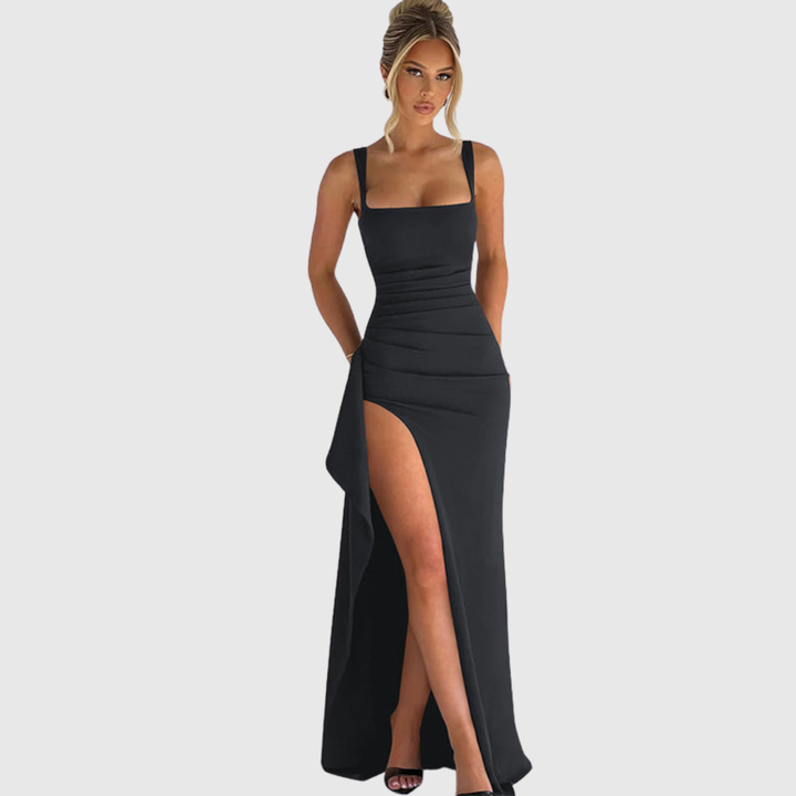 Women's elegant maxi dress, open back, flowy long design, perfect for special occasions.