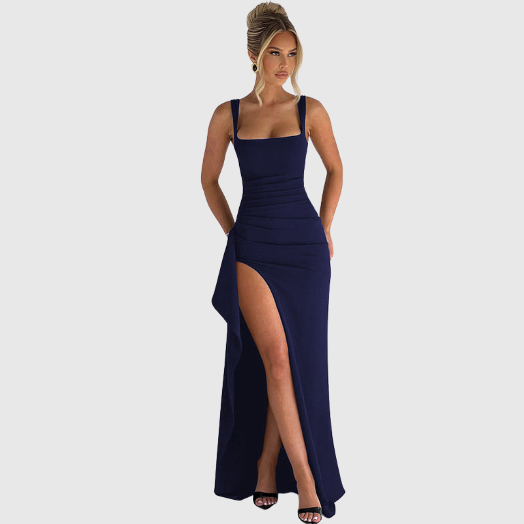 Long women's party dress, elegant slip style, open back, perfect for formal events.