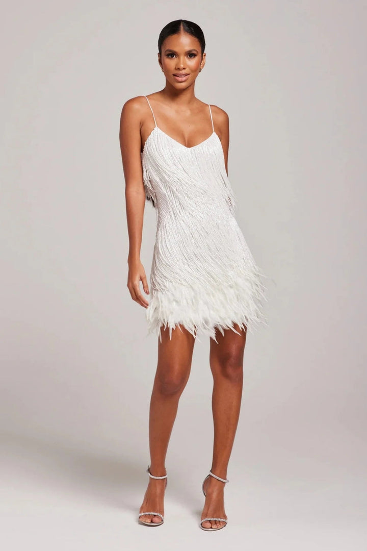 Gorgeous women's feather fringe mini dress with adjustable spaghetti straps, an elegant choice for any party.