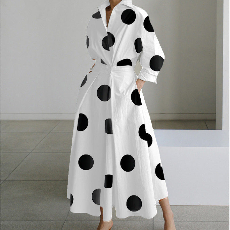 Fashionable women's elegant wrap maxi dress with collar, a flowy long dress for modern style.