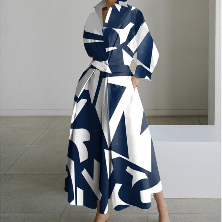 Woman wearing elegant collared wrap maxi dress, showcasing its flowy design and versatile style.