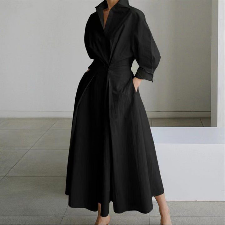 Sophisticated women's wrap maxi dress, featuring an elegant collar and flattering front wrap design.