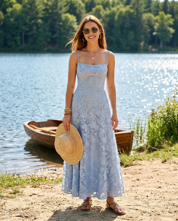 Versatile full lace maxi dress for women, featuring spaghetti straps, perfect for casual or formal style.