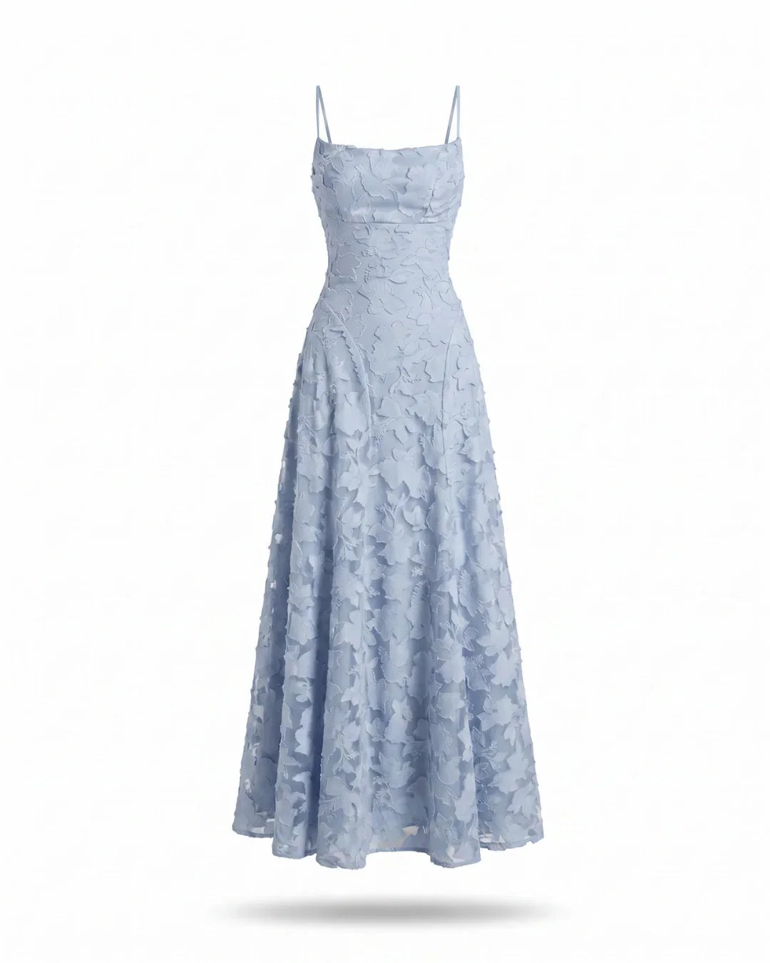 Flowy women's full lace maxi dress with delicate spaghetti straps, ideal for elegant summer party wear.