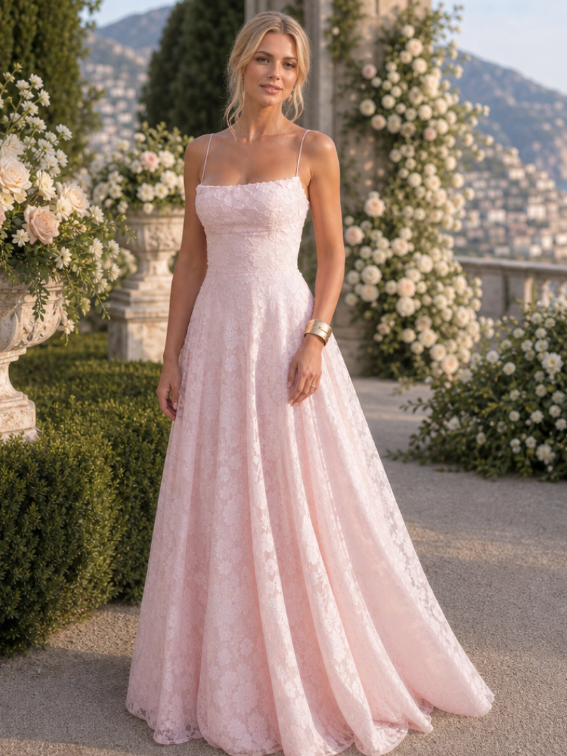 Women's sleeveless full lace maxi dress with delicate spaghetti straps. Perfect for elegant summer events.