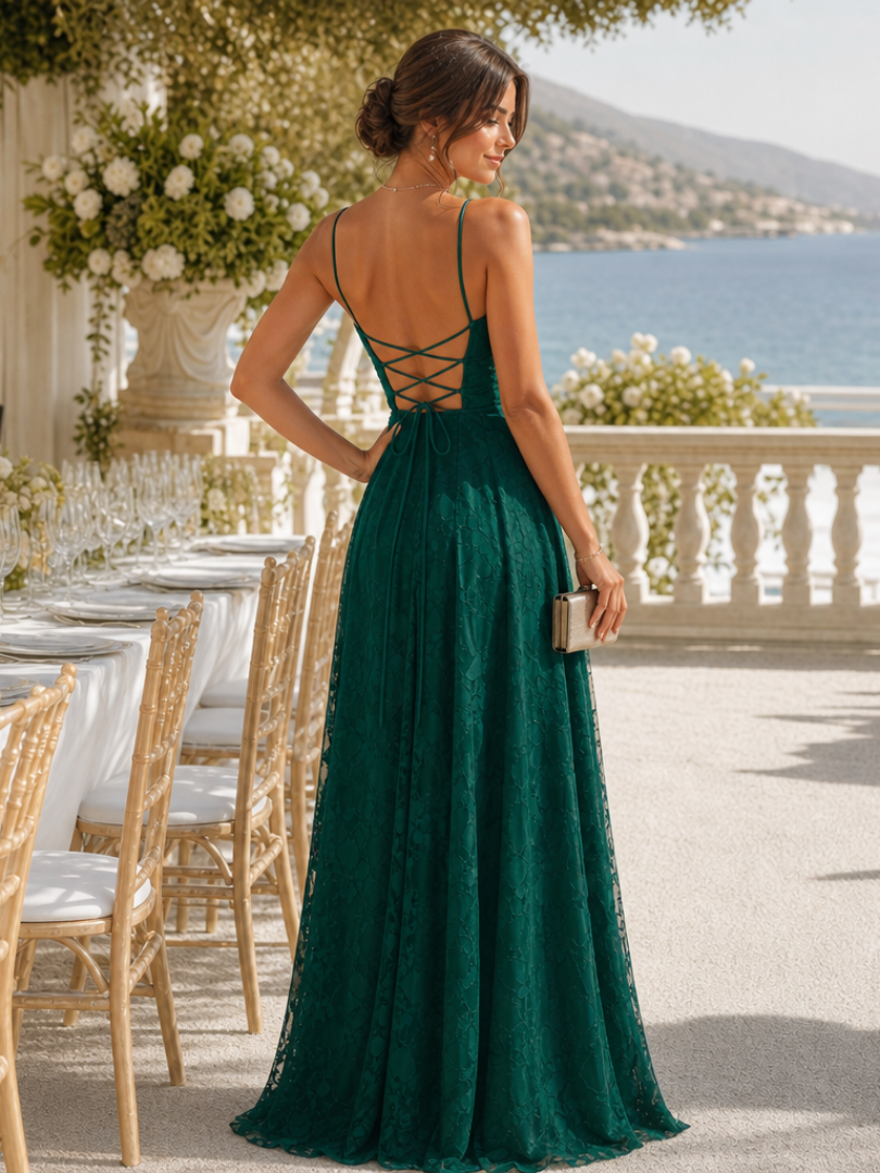 Delicate full lace women's maxi dress with spaghetti straps, offering both comfort and sophisticated style.