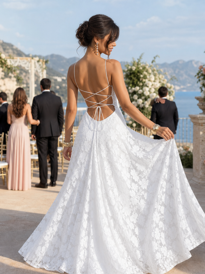 Flowing full overlay spaghetti strap maxi dress for women, an elegant choice for formal spring/summer events.