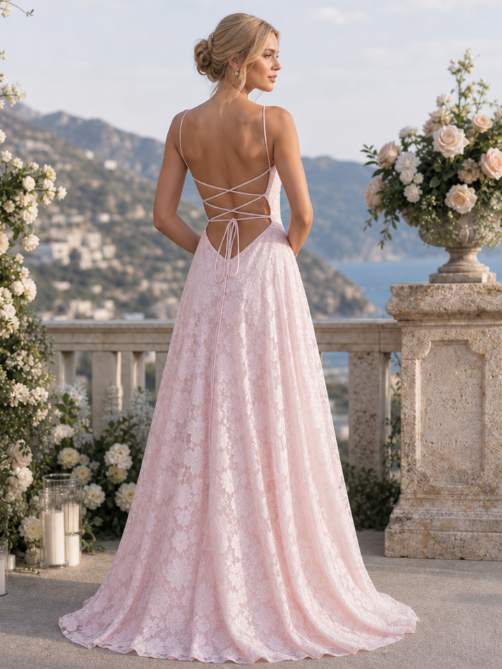 Women's elegant maxi dress, a full overlay spaghetti strap design for wedding guests & special occasions.